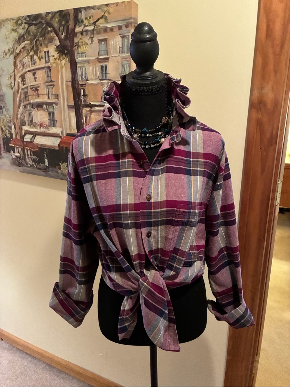 Peter England Purple Plaid Tie-Front Button Down Shirt